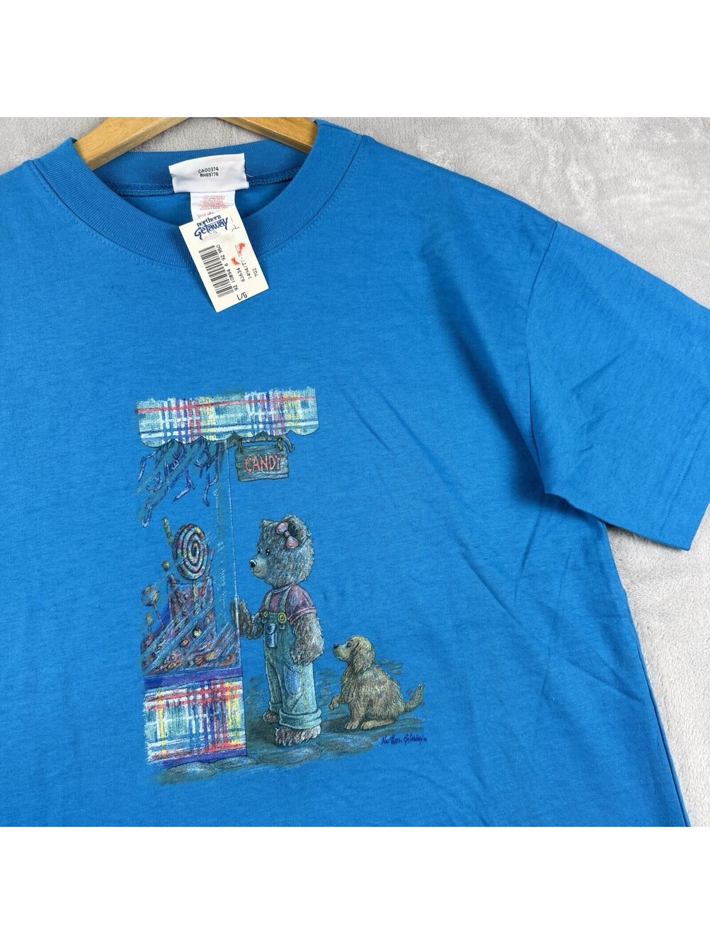 VTG Northern Getaway Bear Candy Store T Shirt Blue Tourist Tee Size L Dead Stock